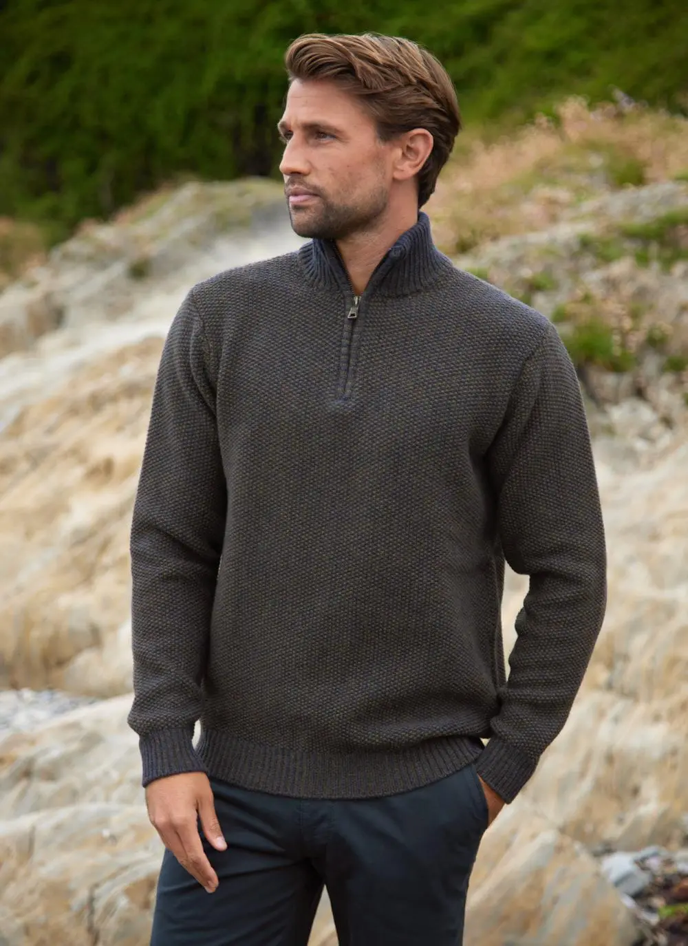 Fisherman Lambswool Seed Stitch Zip Neck Sweater