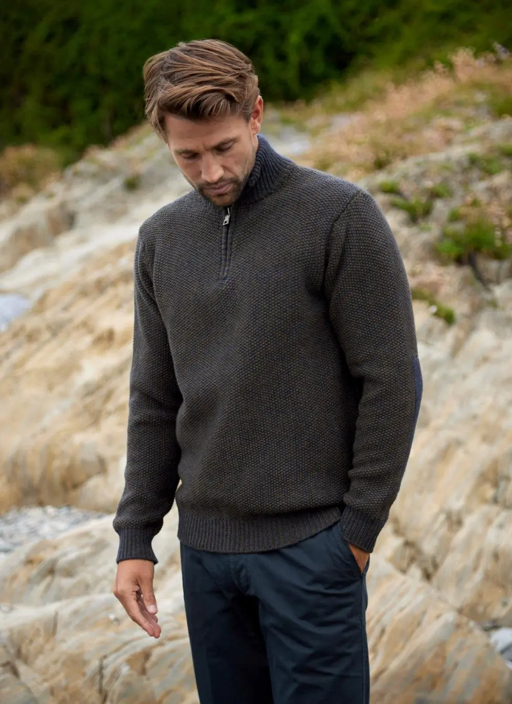 Fisherman Lambswool Seed Stitch Zip Neck Sweater