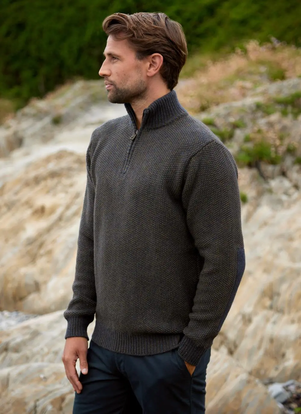 Fisherman Lambswool Seed Stitch Zip Neck Sweater
