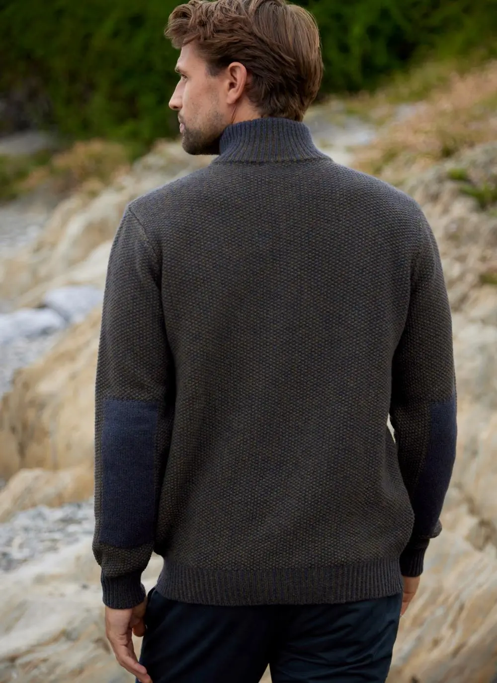 Fisherman Lambswool Seed Stitch Zip Neck Sweater