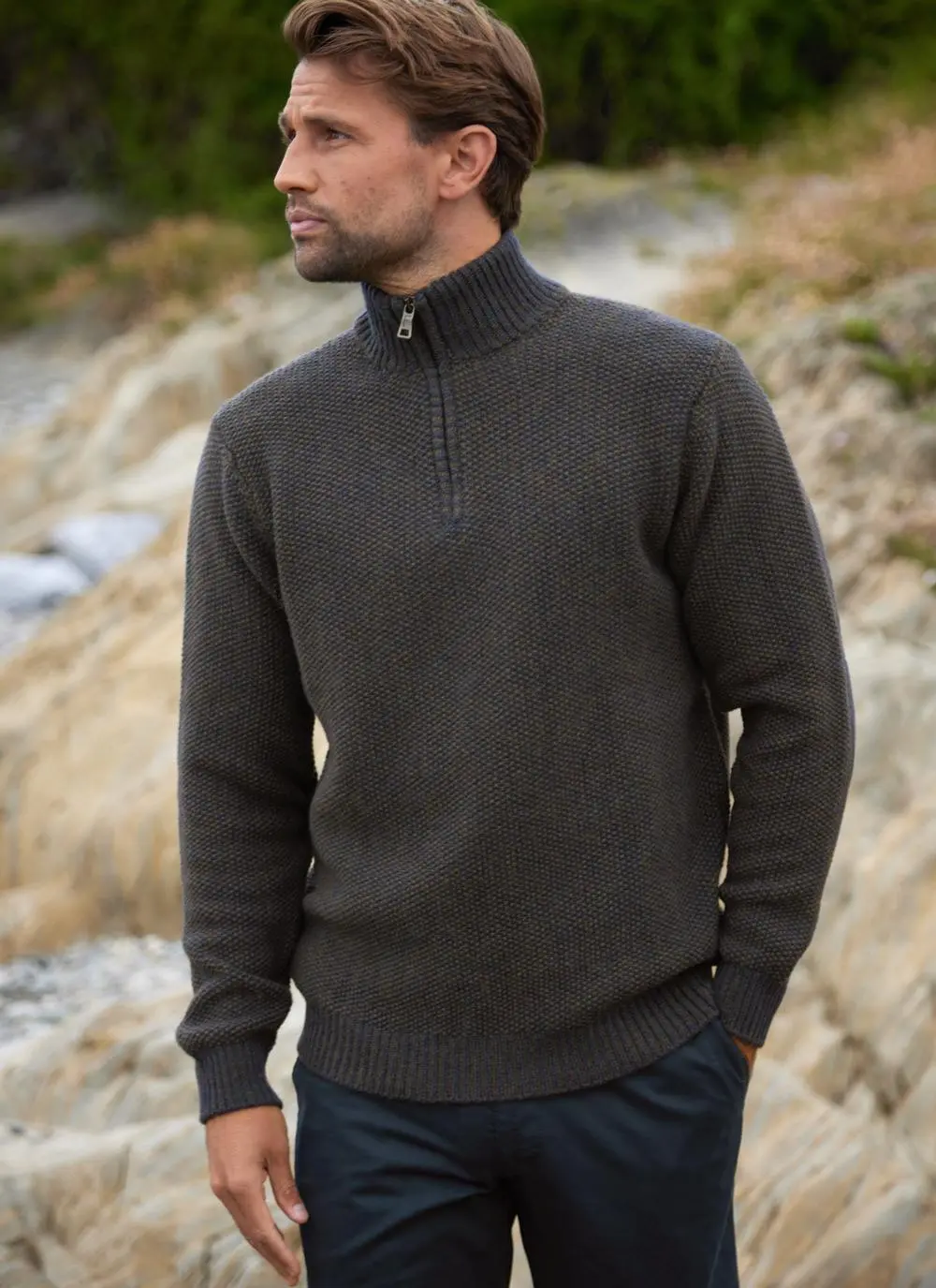 Fisherman Lambswool Seed Stitch Zip Neck Sweater