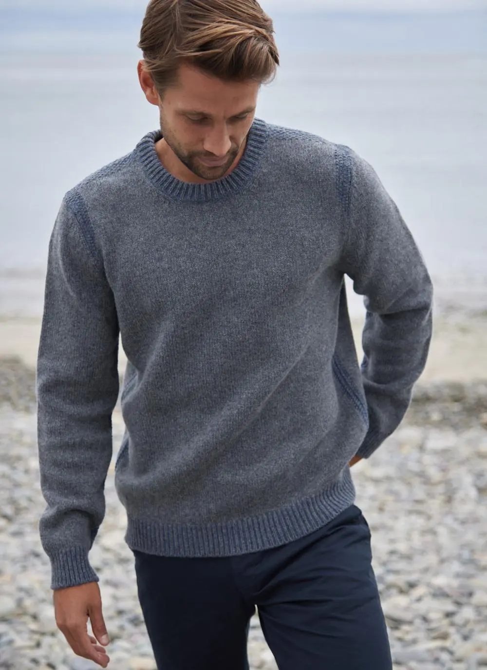 Fisherman Lambswool Crew Neck with Contrast Stitch