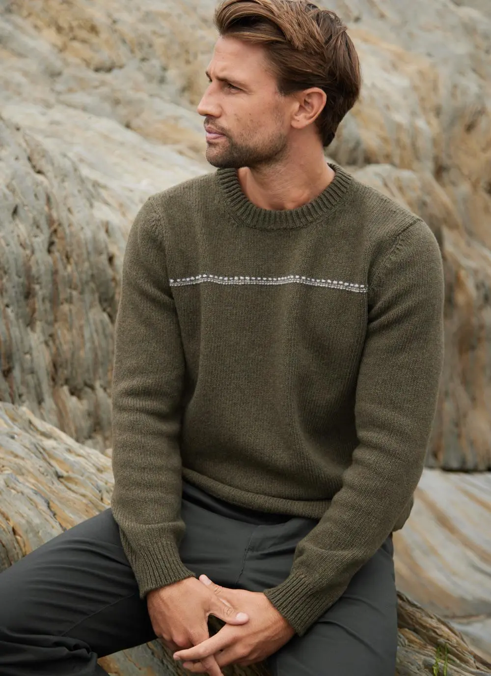 Fisherman Lambswool Crew Neck Sweater with Stripe 