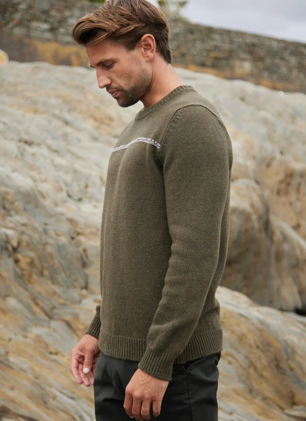 Fisherman Lambswool Crew Neck Sweater with Stripe 