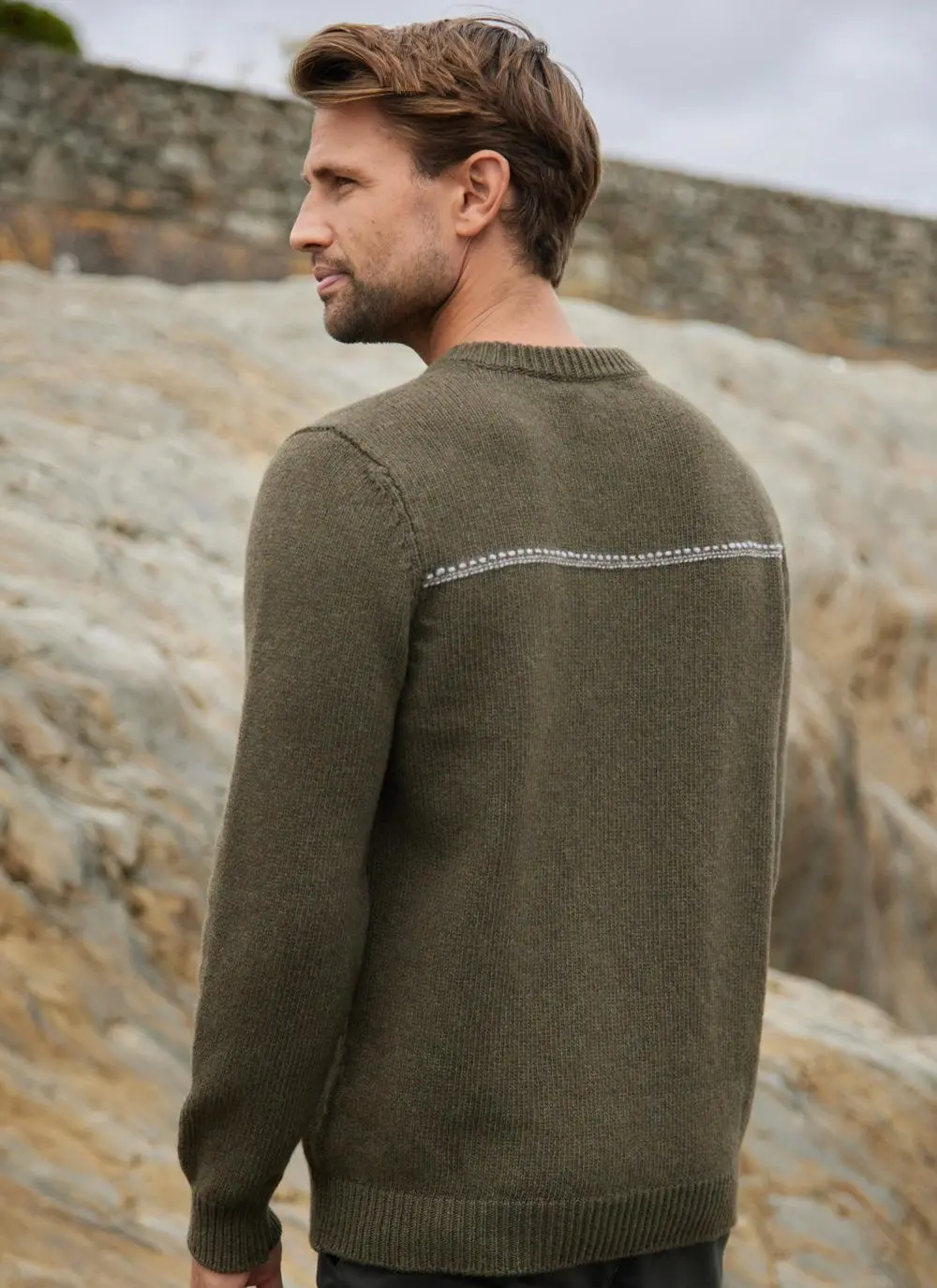 Fisherman Lambswool Crew Neck Sweater with Stripe 