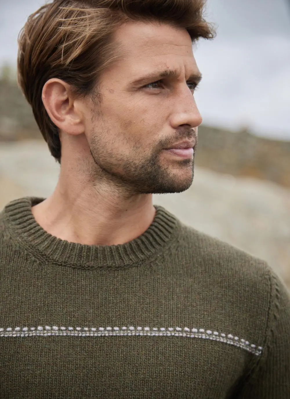 Fisherman Lambswool Crew Neck Sweater with Stripe 