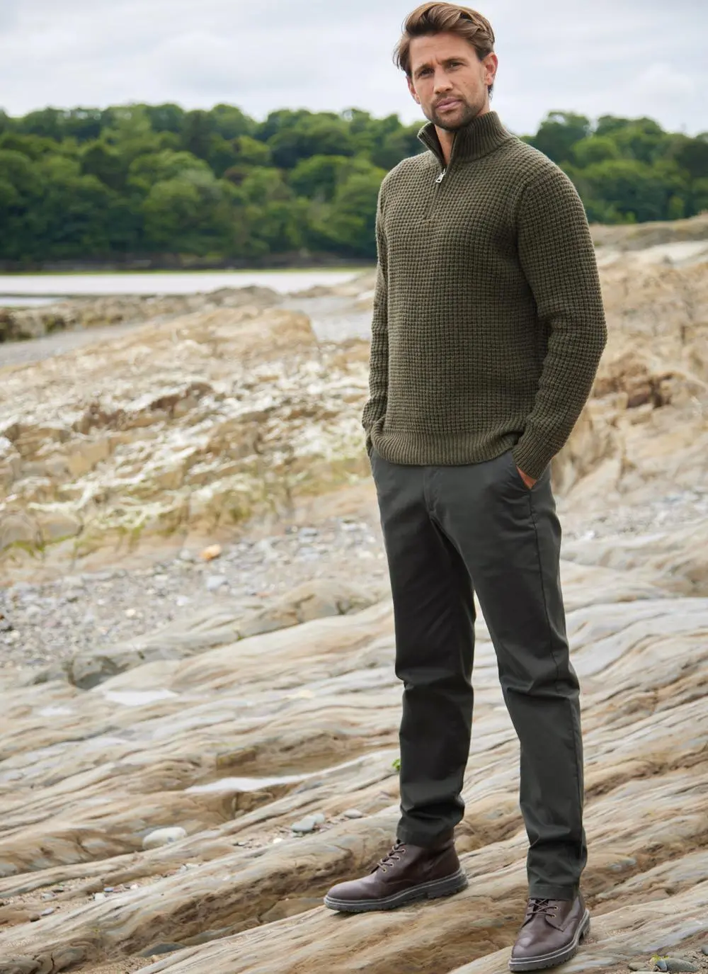 Fisherman Lambswool Waffle Stitch Zip Neck Sweater 