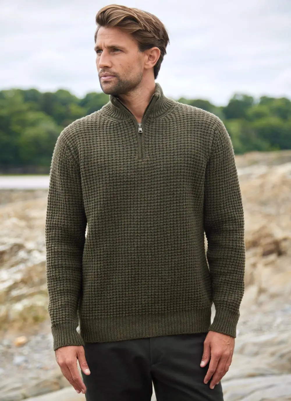 Fisherman Lambswool Waffle Stitch Zip Neck Sweater 