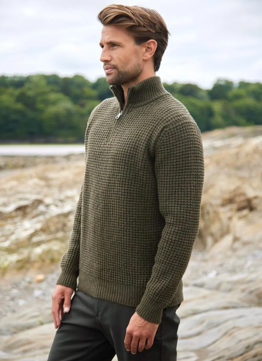 Fisherman Lambswool Waffle Stitch Zip Neck Sweater 