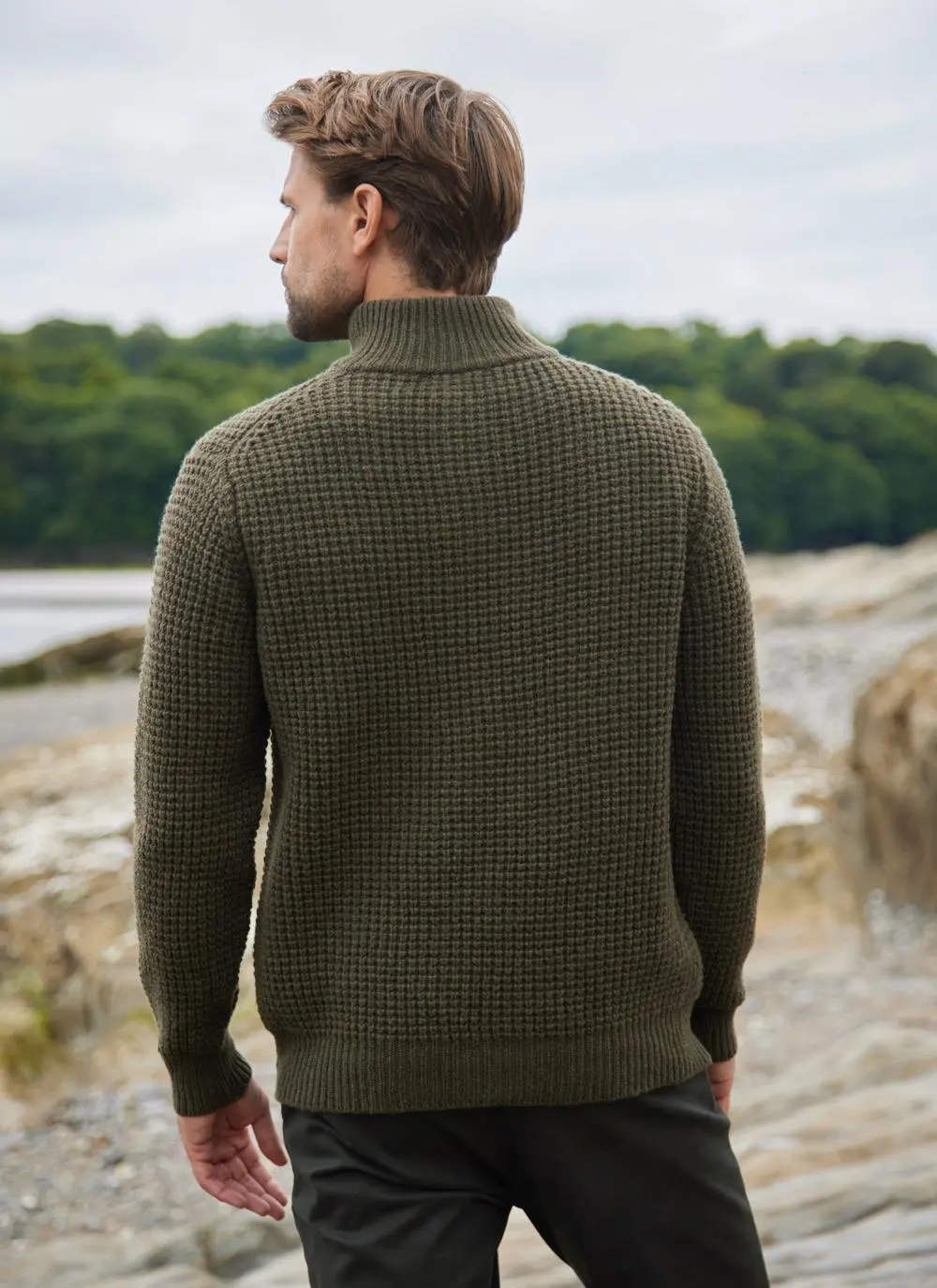 Fisherman Lambswool Waffle Stitch Zip Neck Sweater 