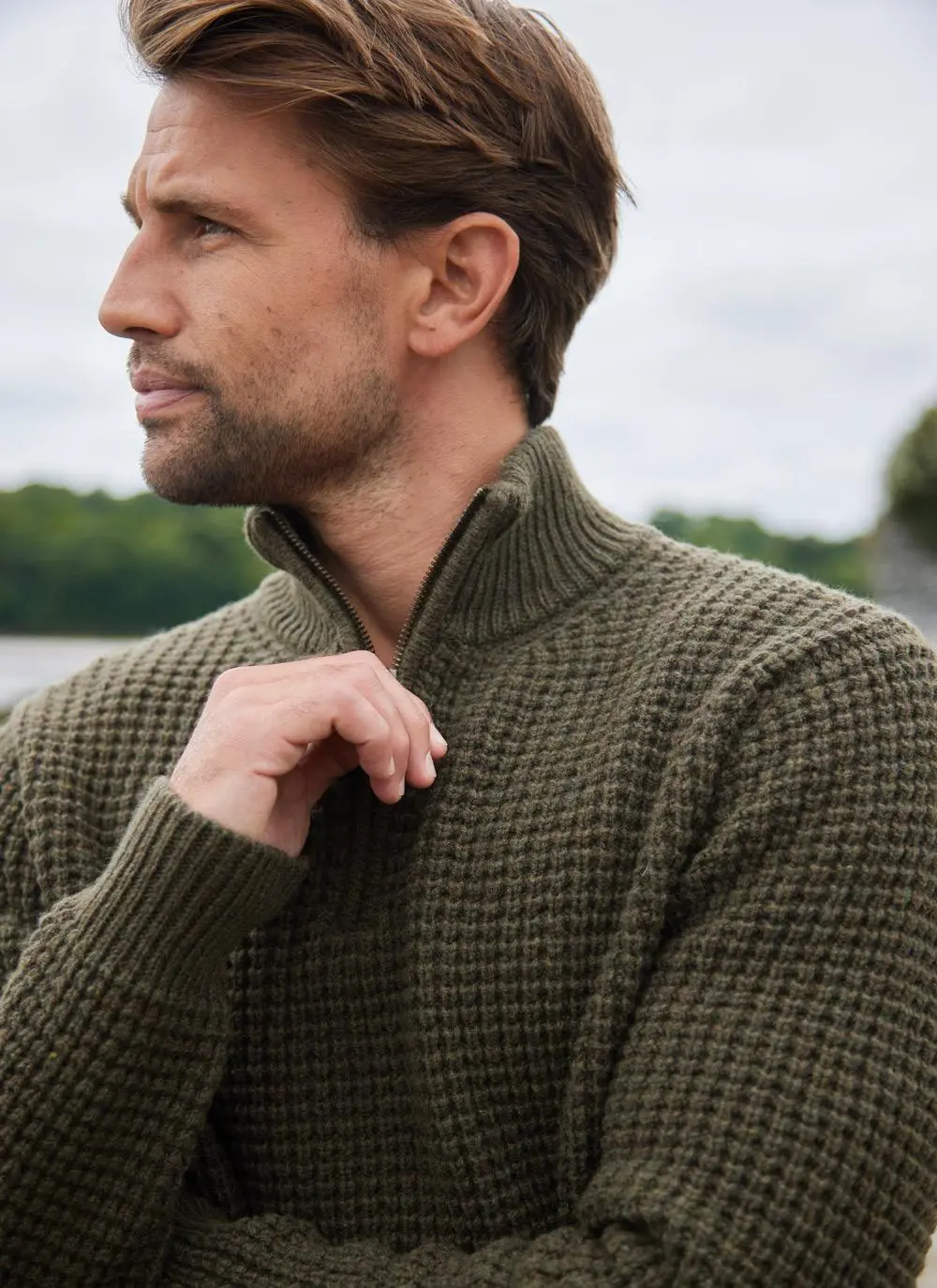 Fisherman Lambswool Waffle Stitch Zip Neck Sweater 