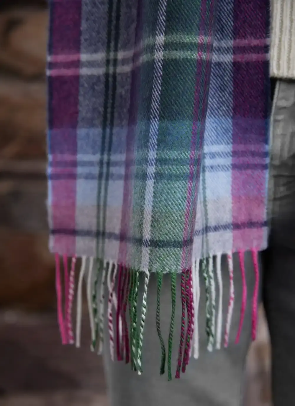 Extra Fine Merino Wool Fringed Check Scarf 