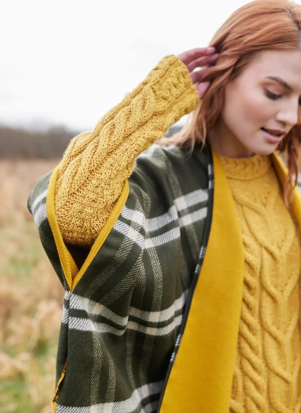 Reversible Check Fringed Poncho
