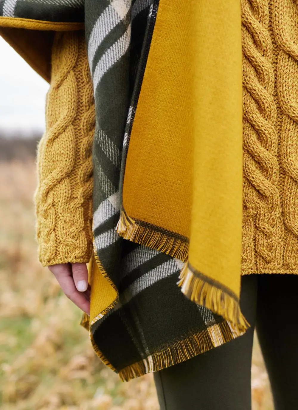 Reversible Check Fringed Poncho