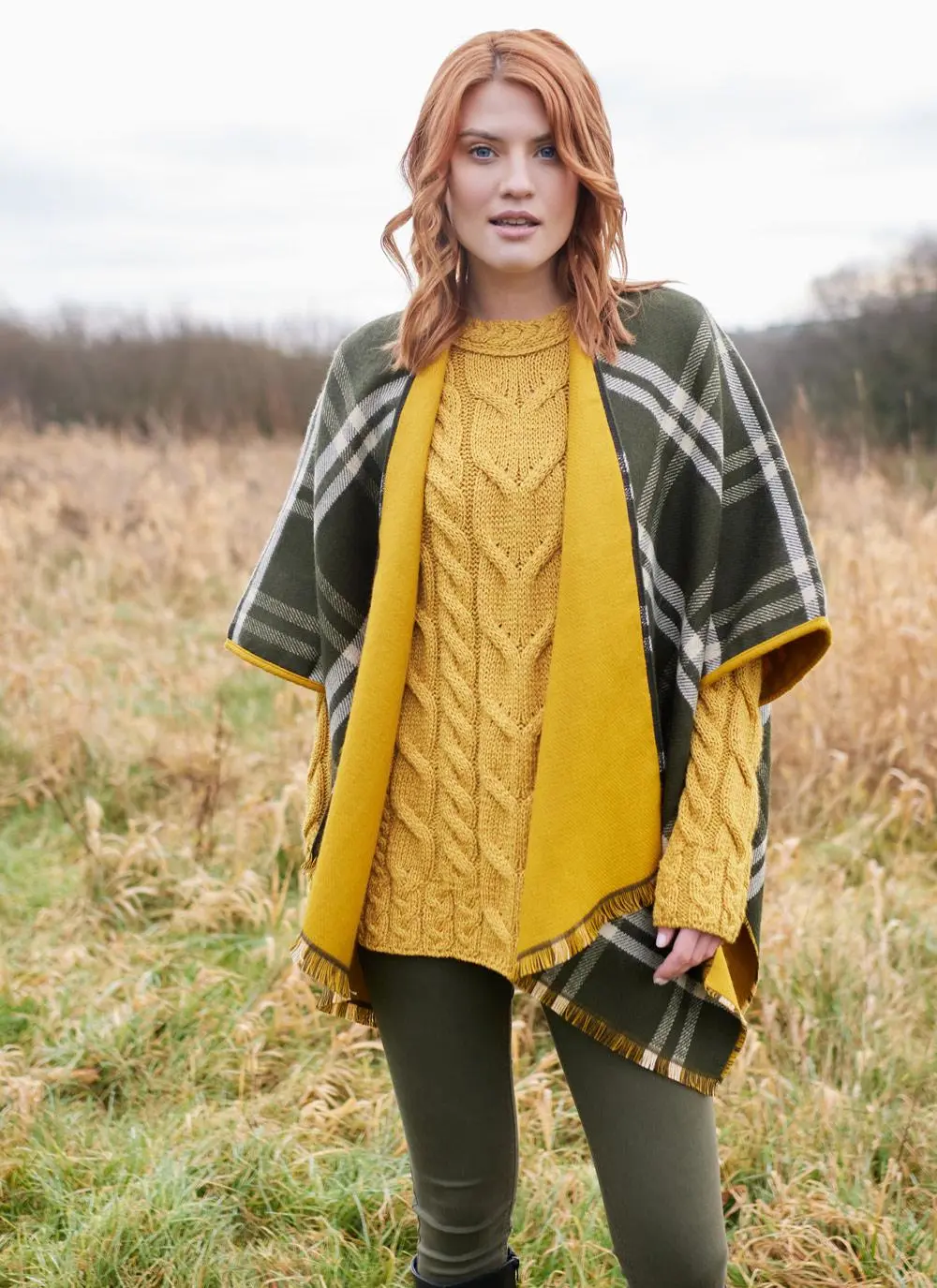 Reversible Check Fringed Poncho