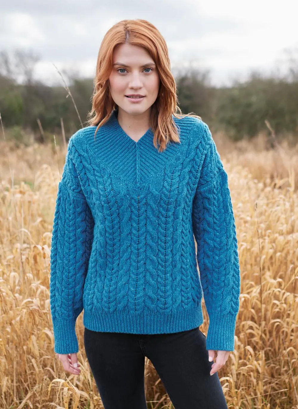 Mill Lane Cashmere Blend V-Neck Cable Sweater in Blue | Blarney