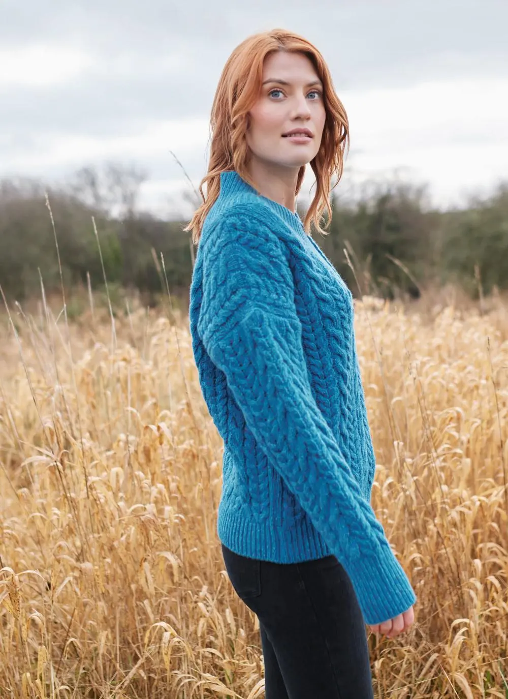 Mill Lane Cashmere Blend V-Neck Cable Sweater in Blue | Blarney