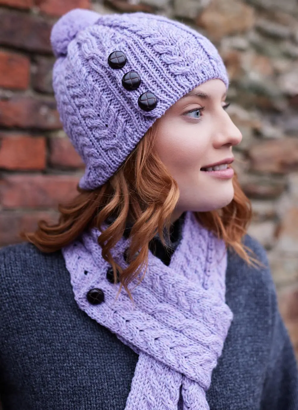 Merino Aran Button Pom Pom Hat