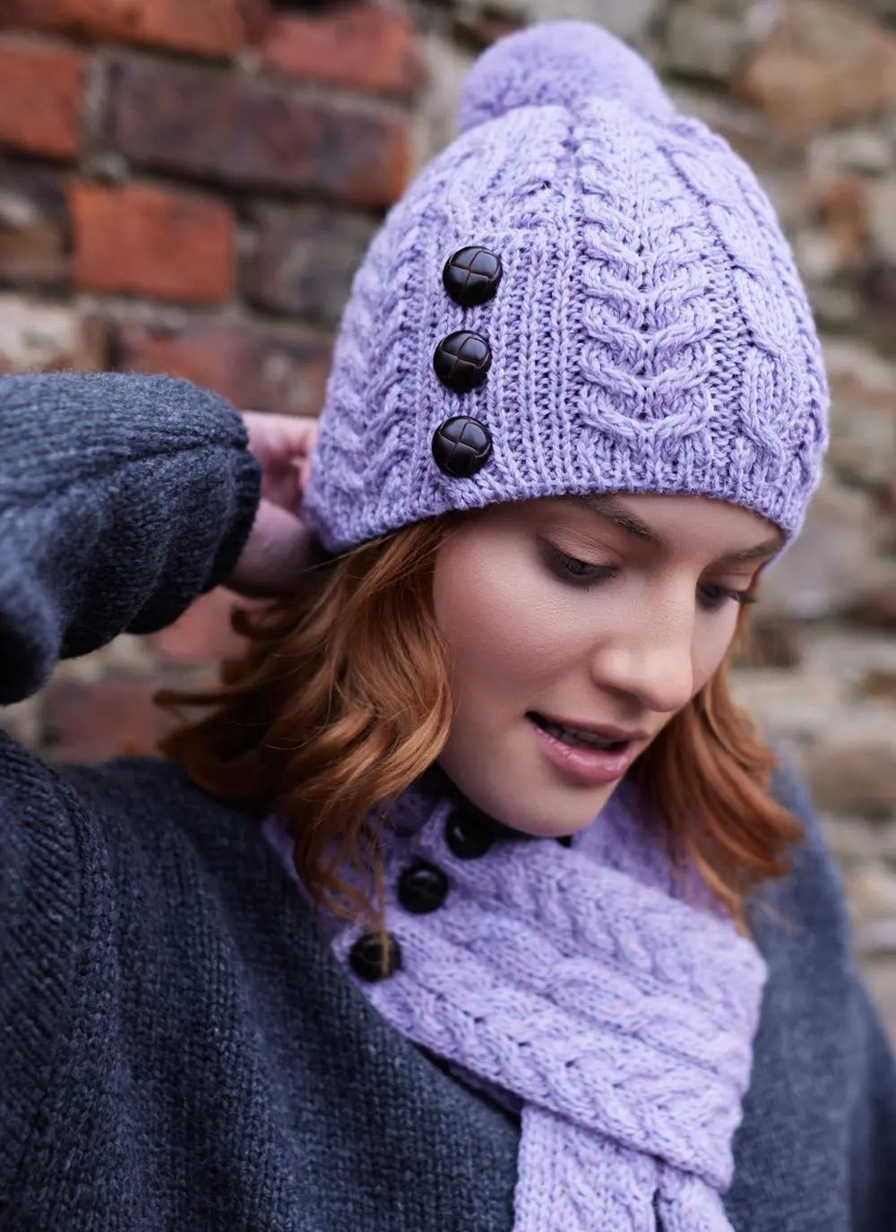 Merino Aran Button Pom Pom Hat