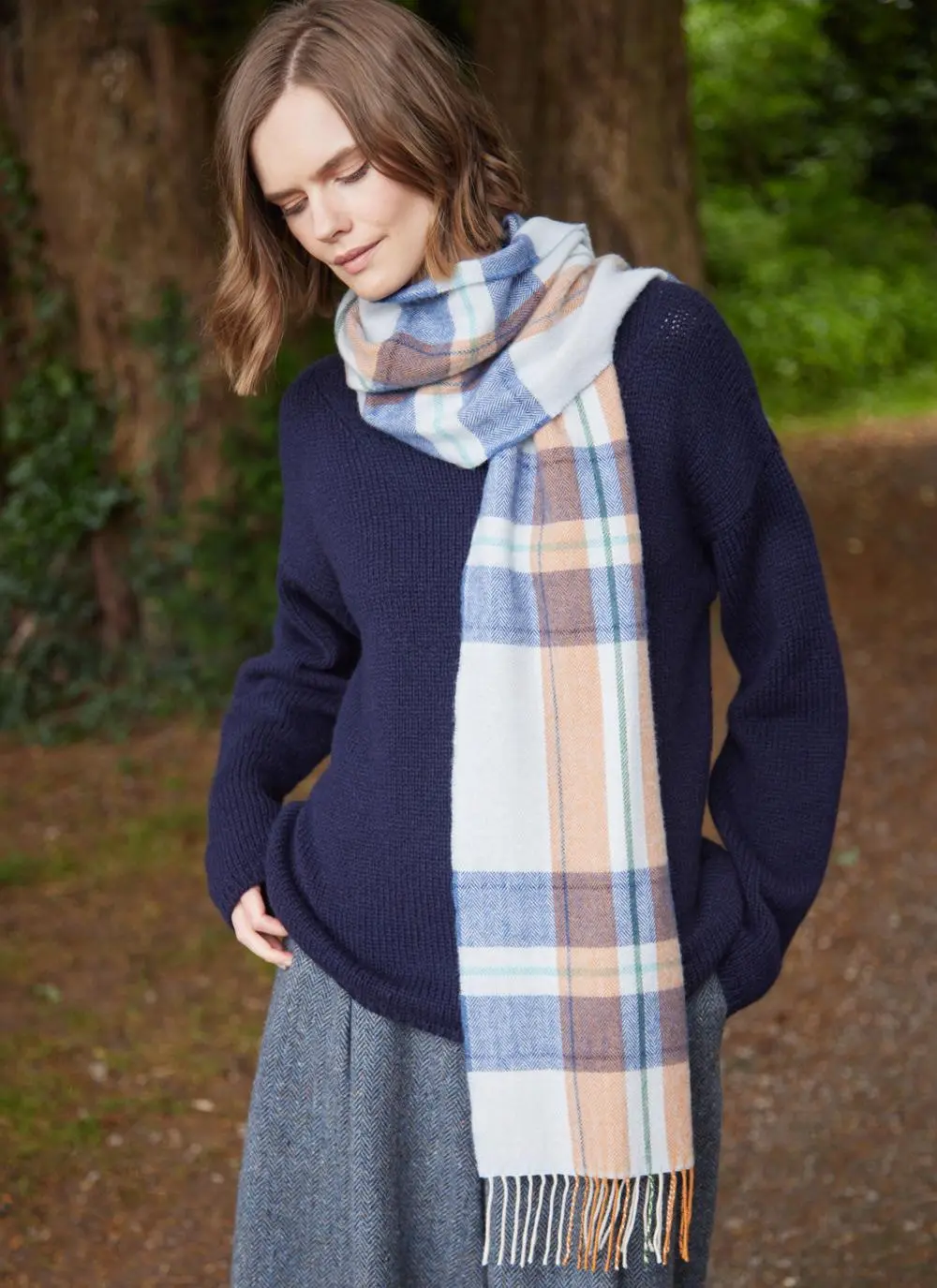 Extra Fine Merino Wool Fringed Check Scarf