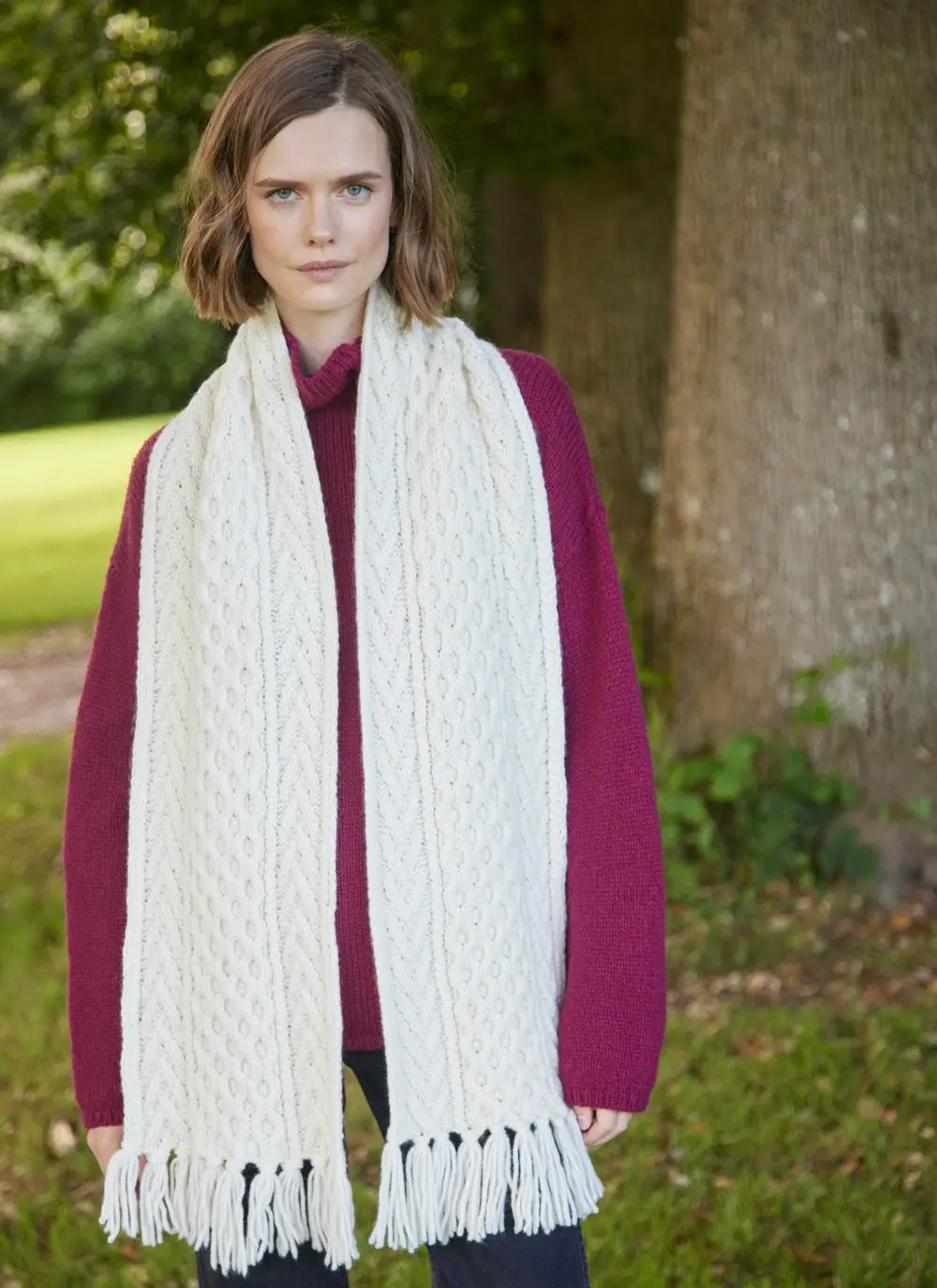 Fringed Cable Hand-knit Scarf