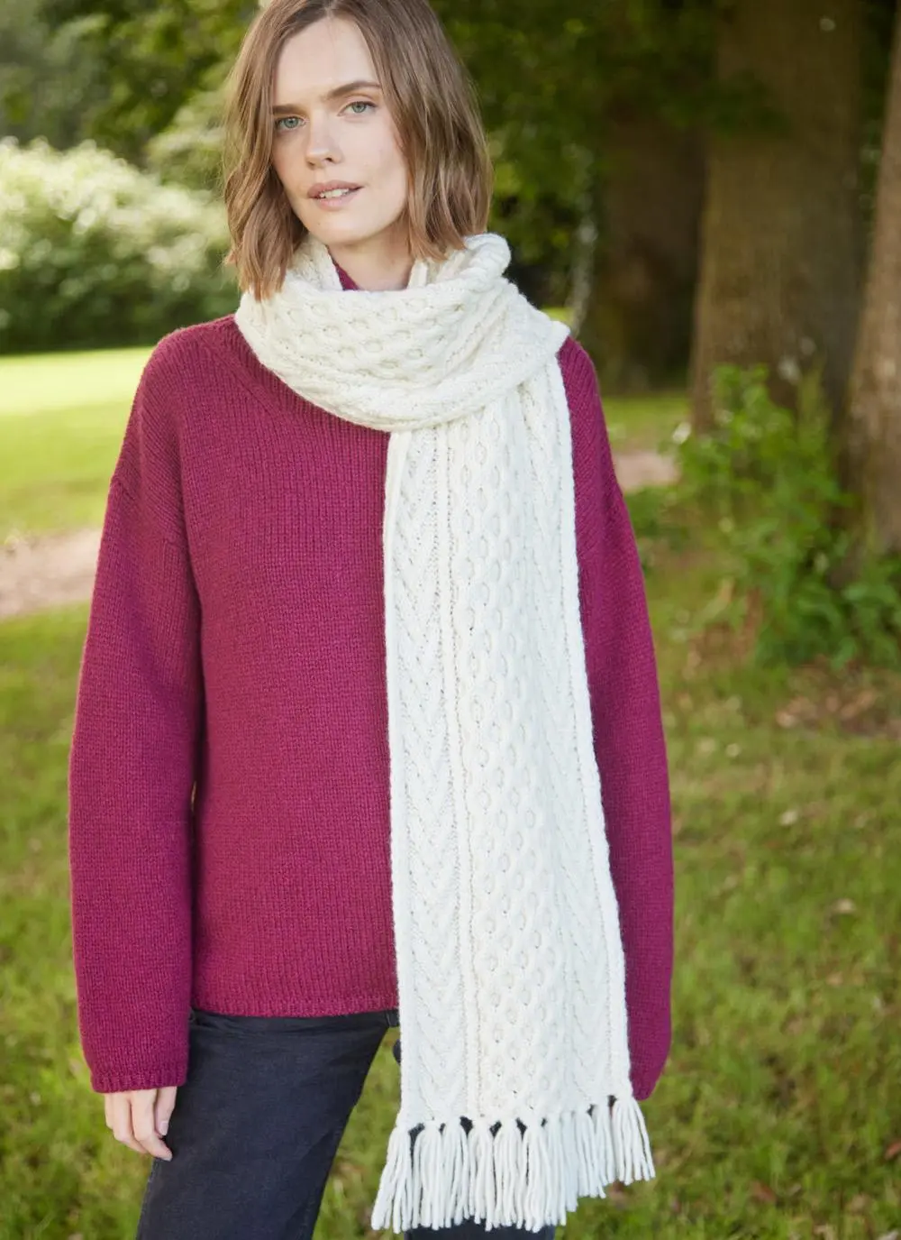 Fringed Cable Hand-knit Scarf