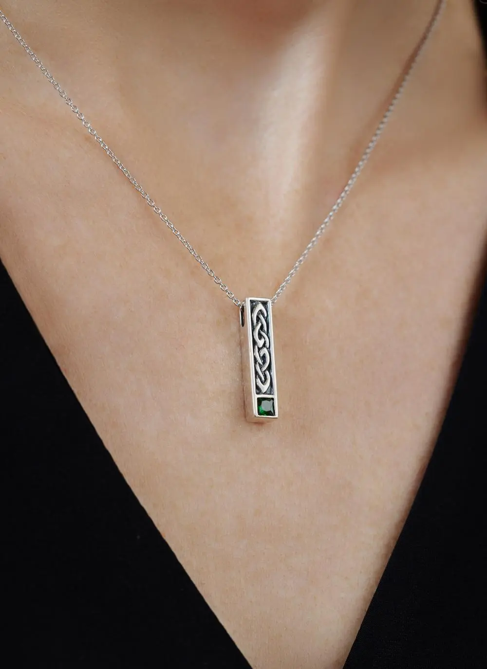 Sterling Silver Celtic Bar Pendant with Green Cubic Zirconia