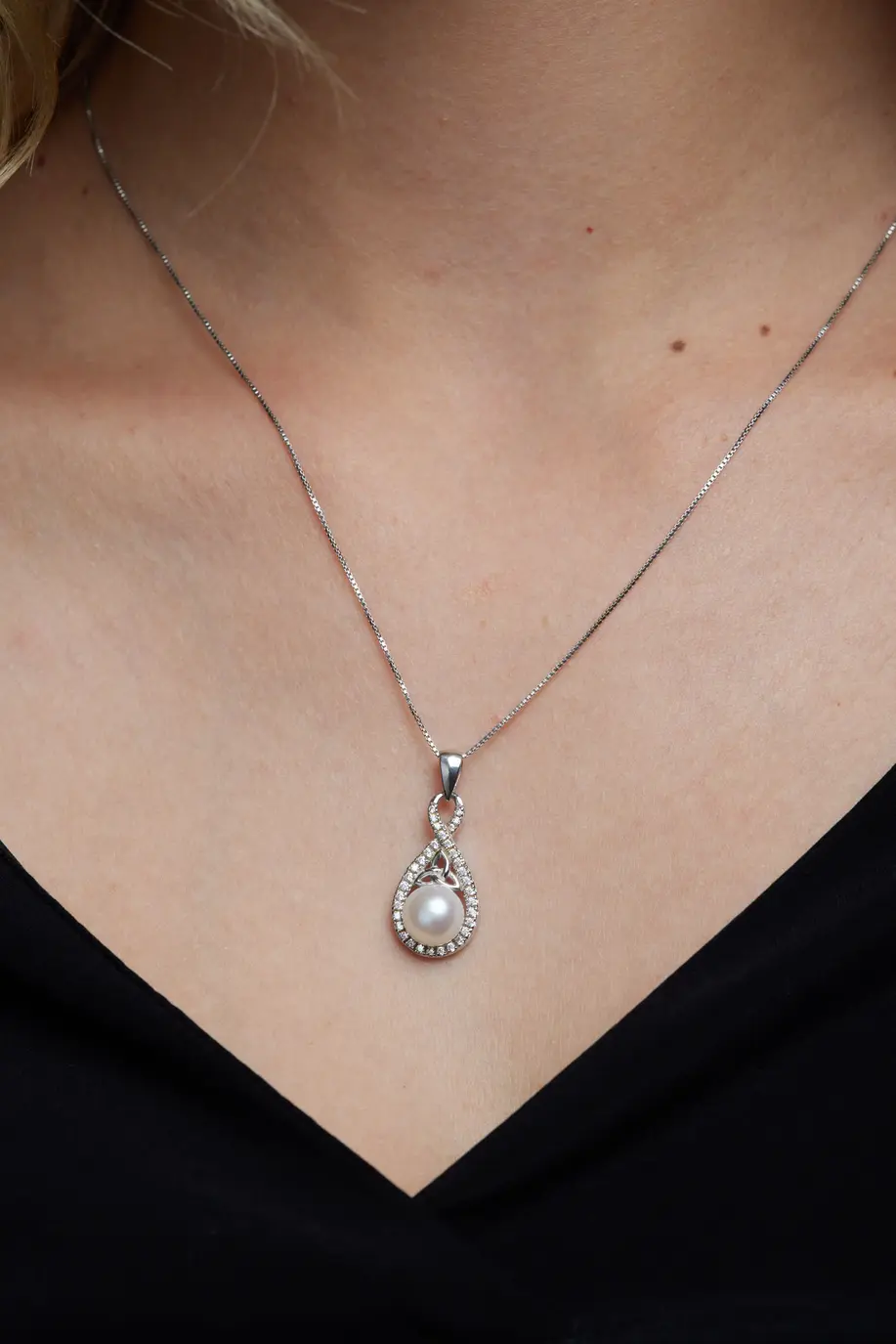 Sterling Silver Pearl & Crystal Trinity Knot Pendant