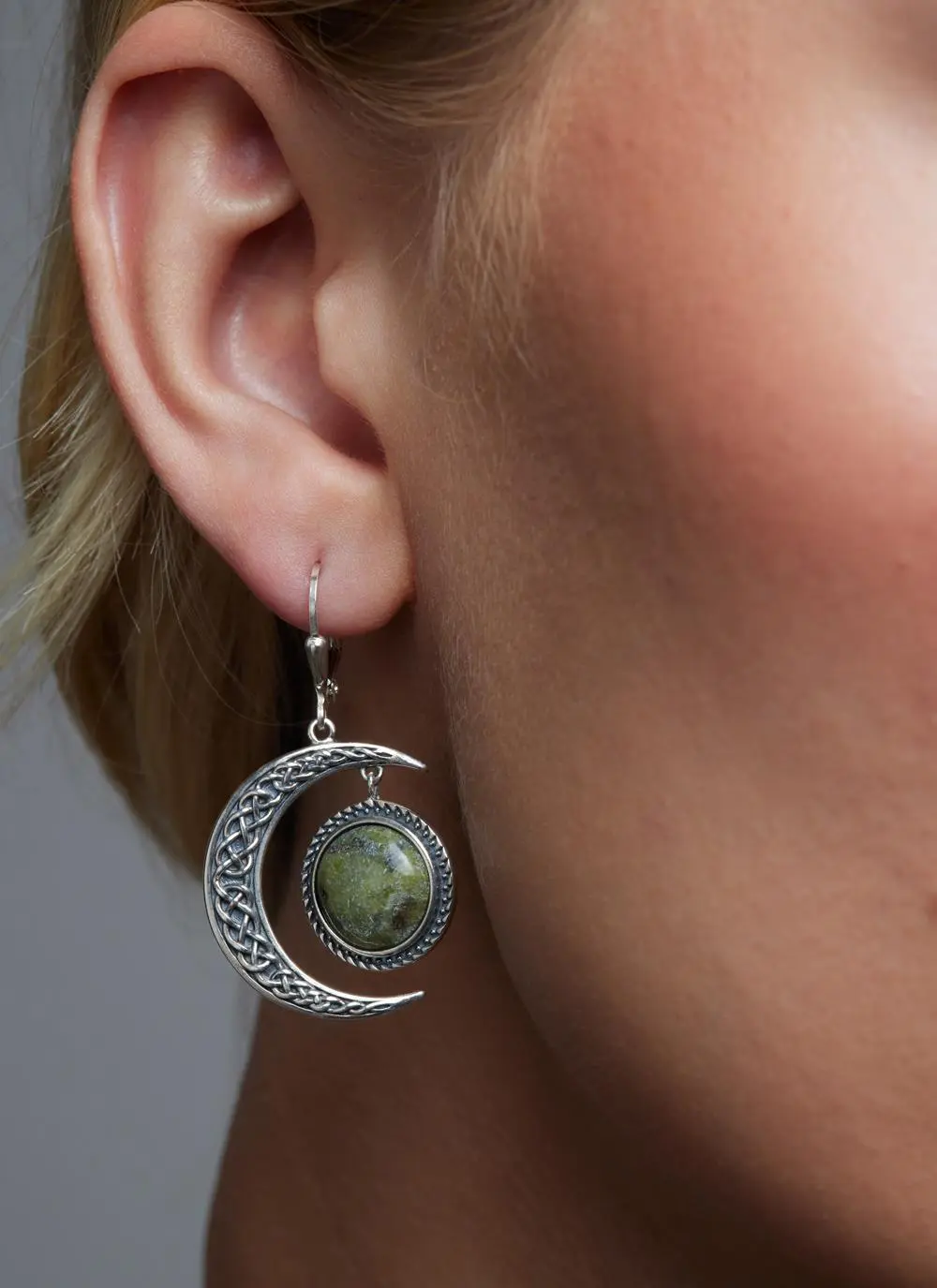 Sterling Silver Connemara Marble Crescent Moon Earrings