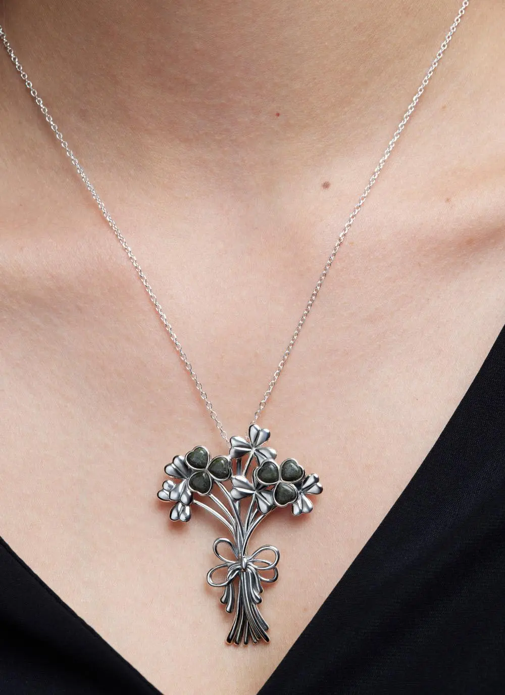 Sterling Silver Connemara Marble Shamrock Bouquet Pendant