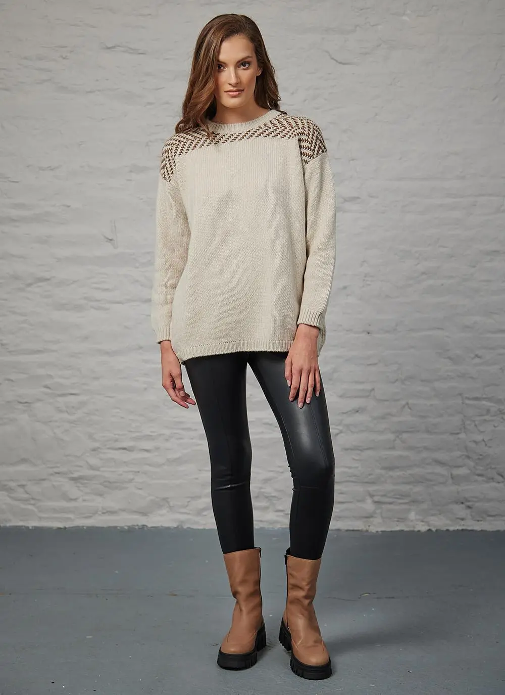 Fisherman Boat Neck Herringbone Stitch Sweater