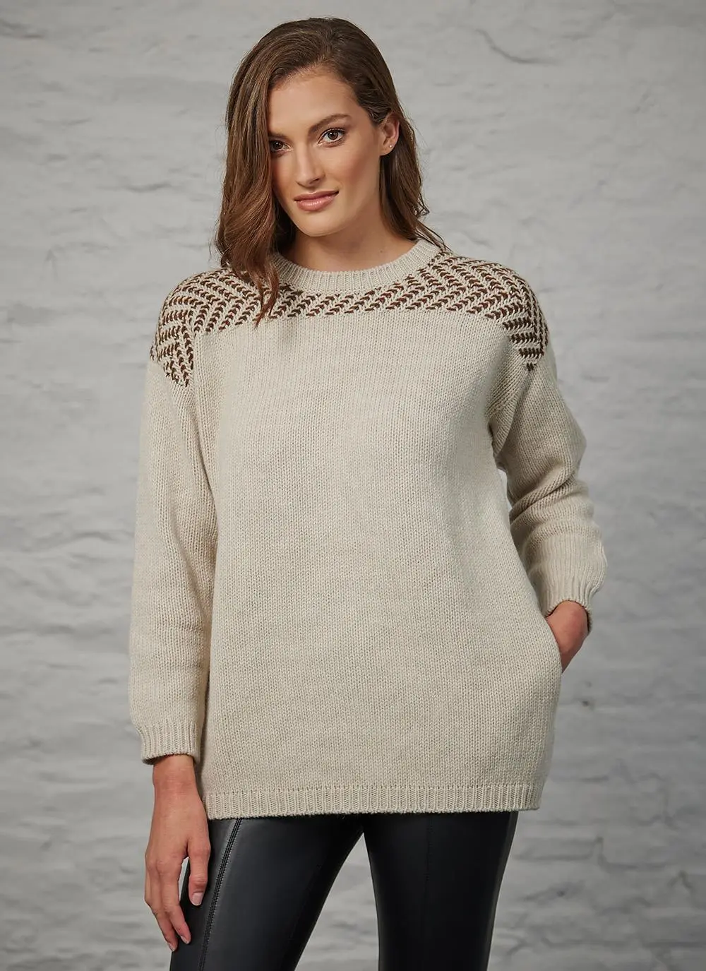 Fisherman Boat Neck Herringbone Stitch Sweater