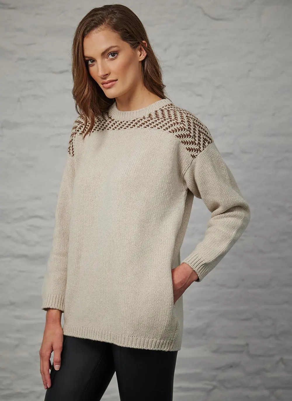 Fisherman Boat Neck Herringbone Stitch Sweater