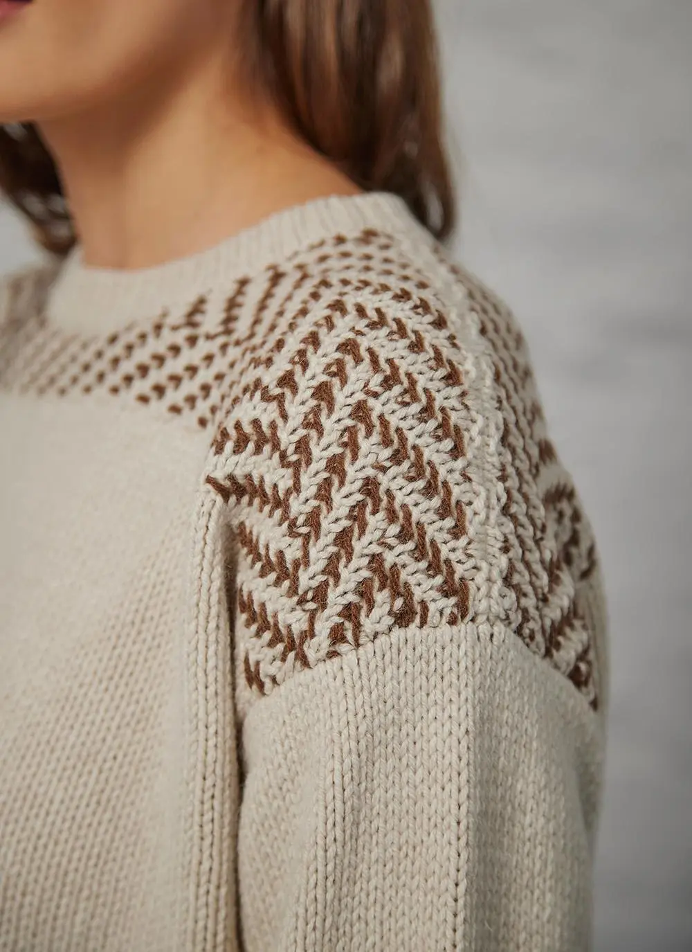 Fisherman Boat Neck Herringbone Stitch Sweater