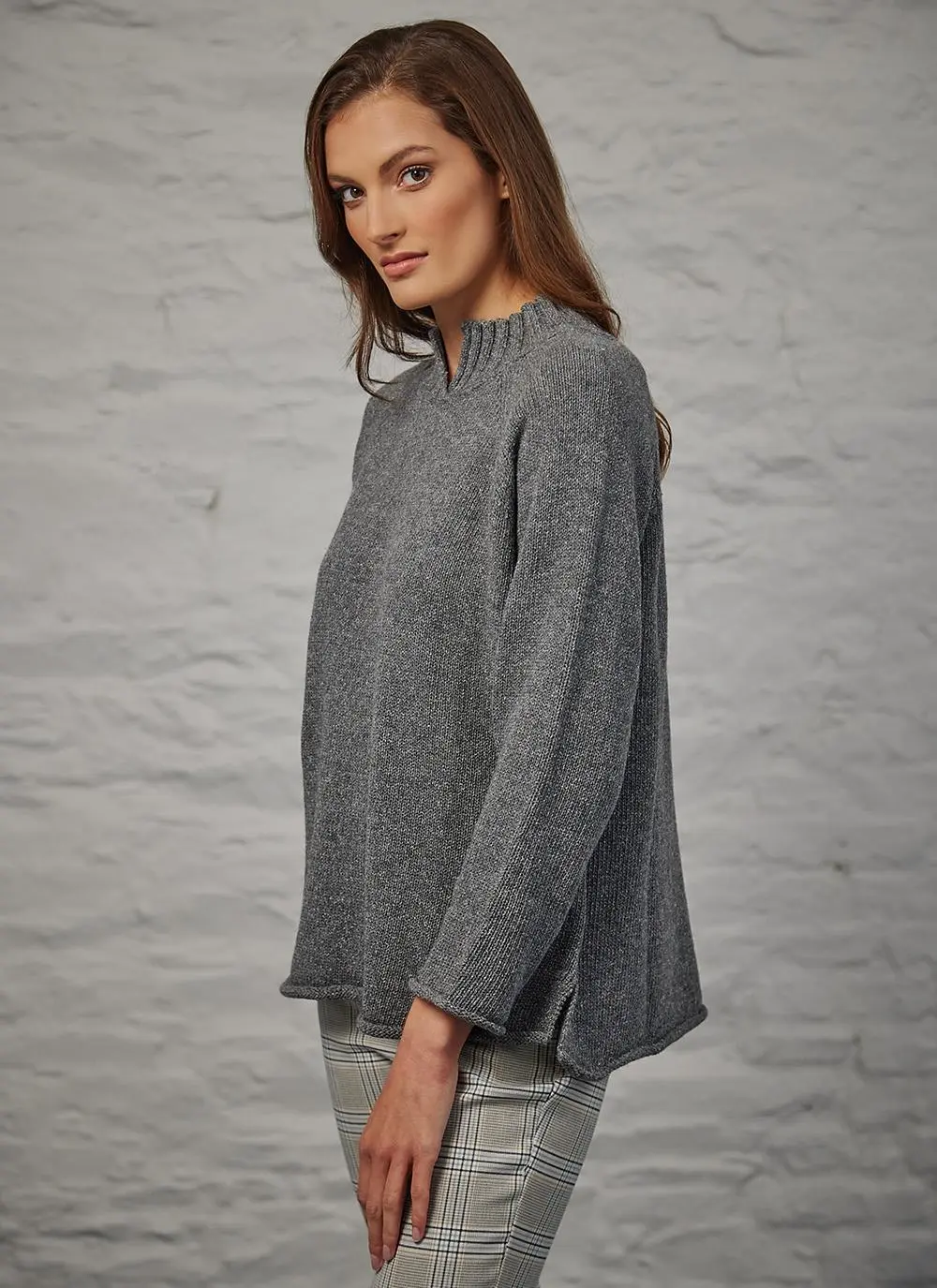 Donegal Tweed Turtle Neck Sweater with Rolled Hems in Charcoal | Blarney