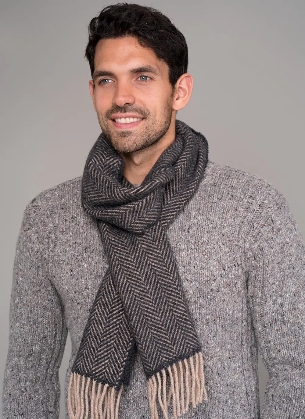 Wool Cashmere Charcoal Herringbone Scarf