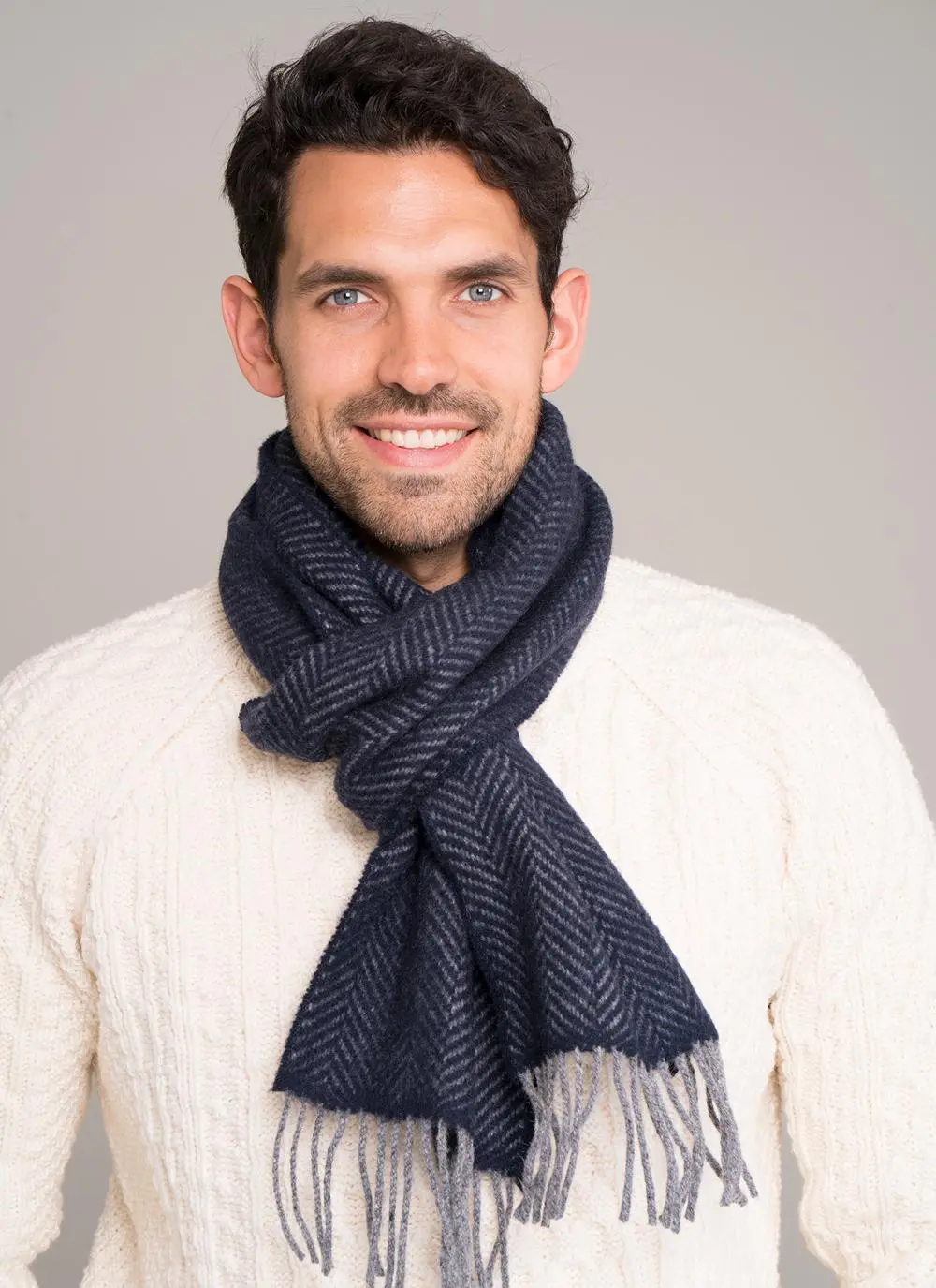 Wool Cashmere Navy Herringbone Scarf