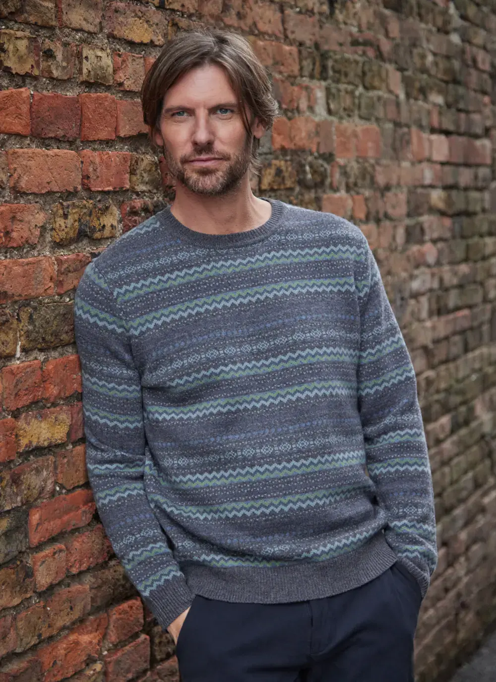 Mens Wool Jacquard Pattern Fairisle Crew Neck Sweater in Grey Combo
