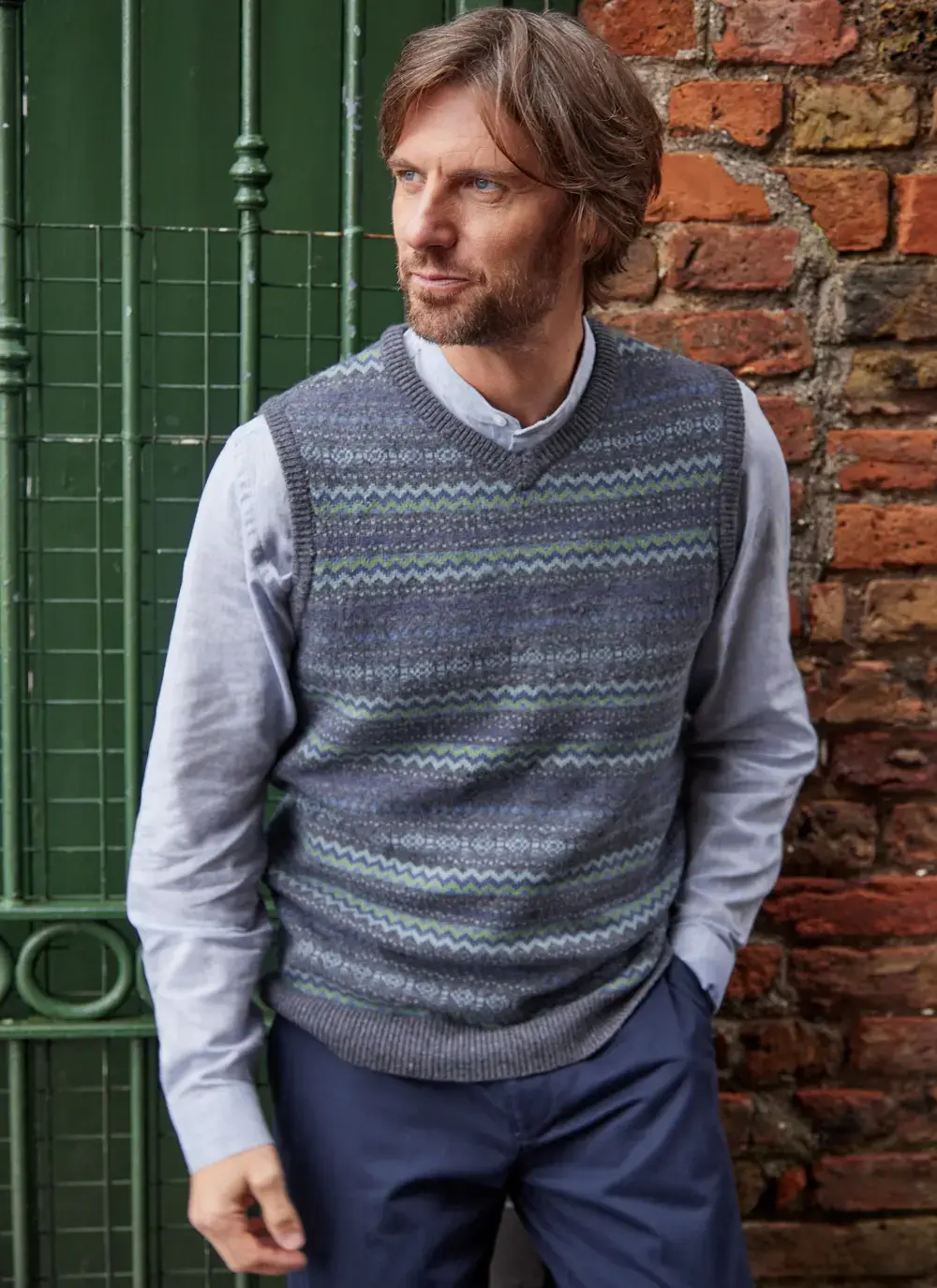 Mens Wool Jacquard Pattern Fairisle Slipover Sweater in Grey Combo 