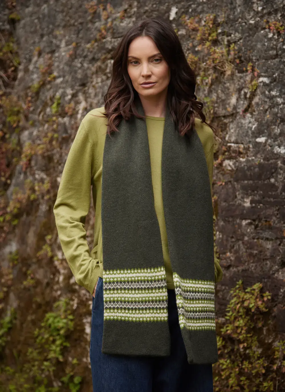 Morar Fairisle Scarf in Olive Pure New Wool