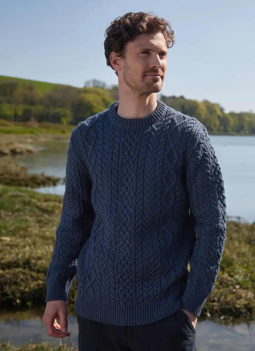 Oisin Aran Crew Neck Sweater in Blue Melange made in Ireland hand linked hand finished