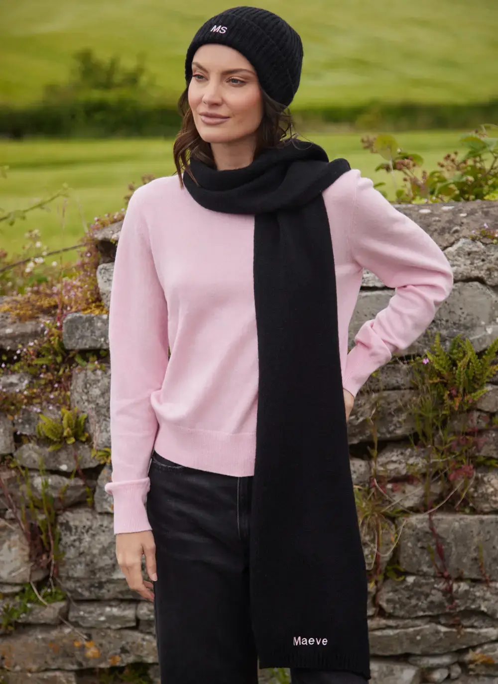 Personalized Wool Cashmere Scarf in Black 