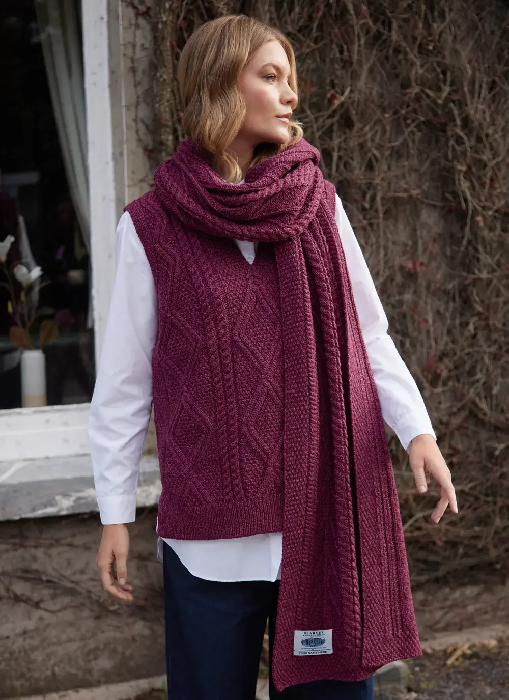 personalized tree of life scarf made in ireland hand linkedd hand finished raspberry marl