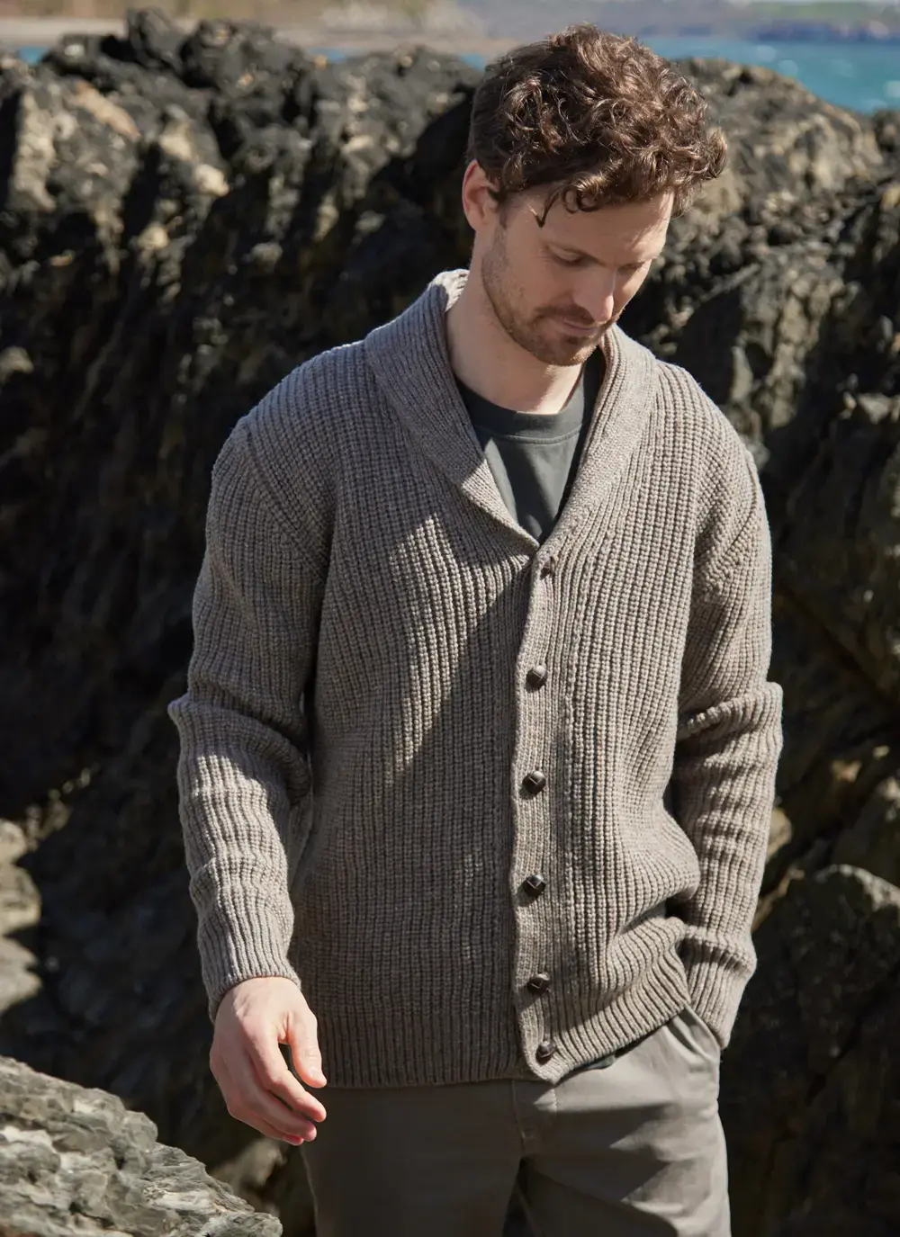 ruan shawl collar cardigan in rocky ground beige brown 