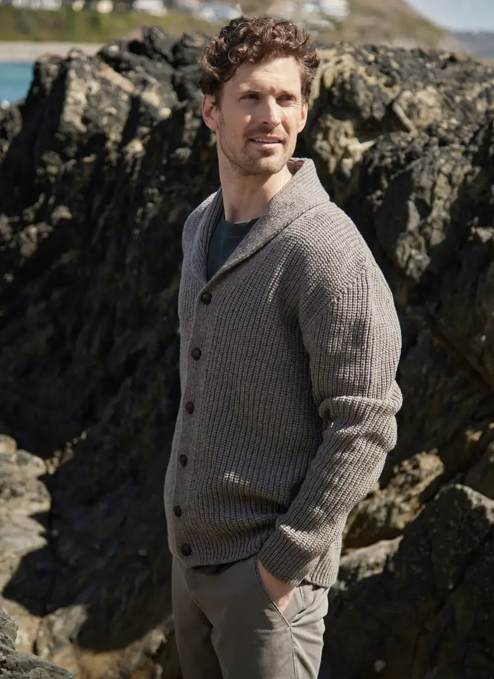 ruan shawl collar cardigan in rocky ground beige brown 