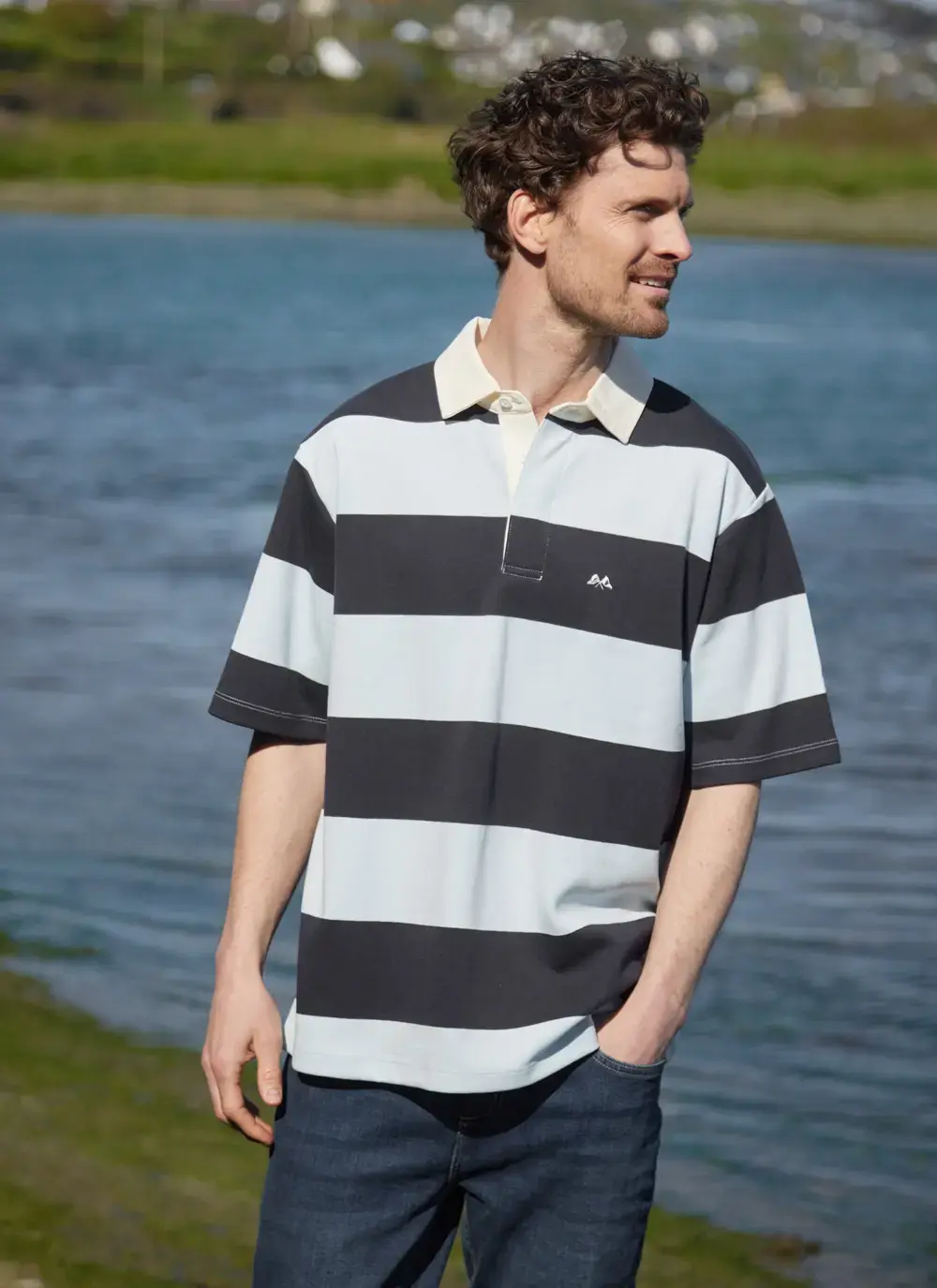 Cotton Blend Cozy Stylish Rugby Stripe Polo Shirt in Blue