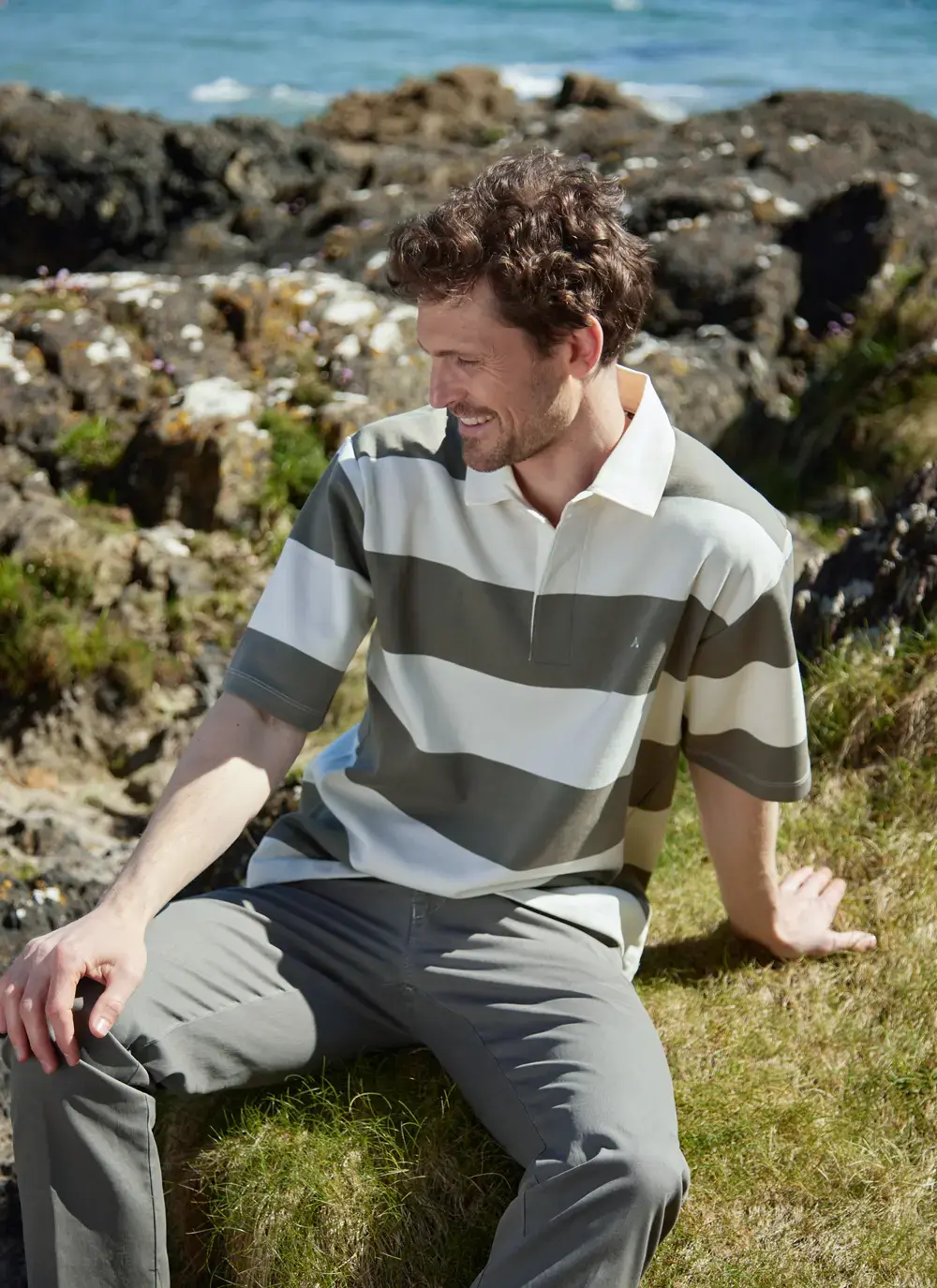 Cozy cotton blend Rugby Stripe Polo Shirt in Olive