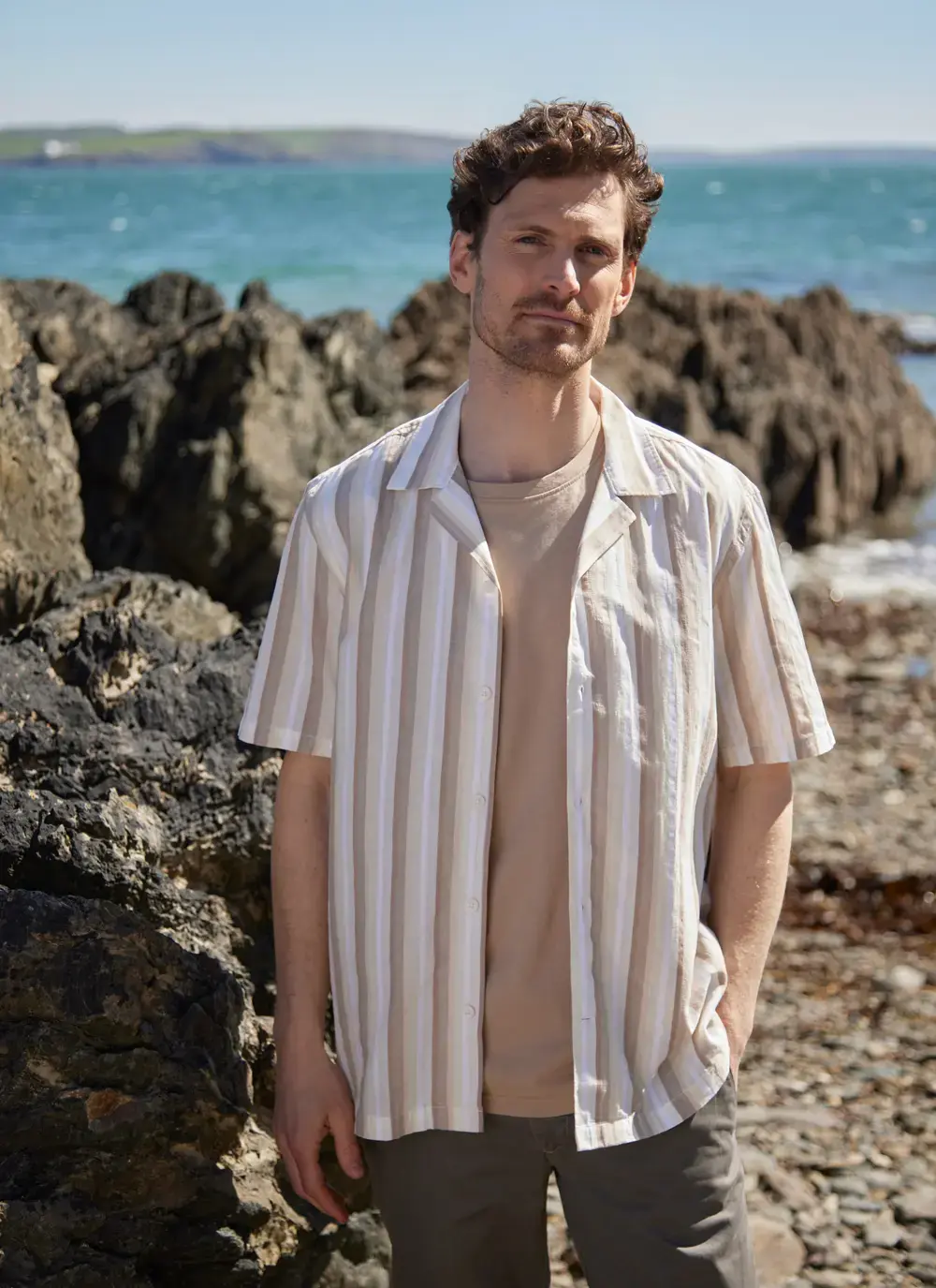 Cotton casual Short Sleeved Striped Shirt in Stone 