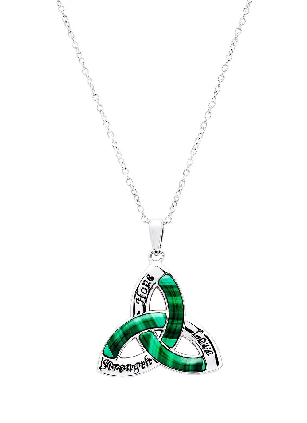 White background cut out shot of Sterling Silver Malachite Trinity Knot Pendant