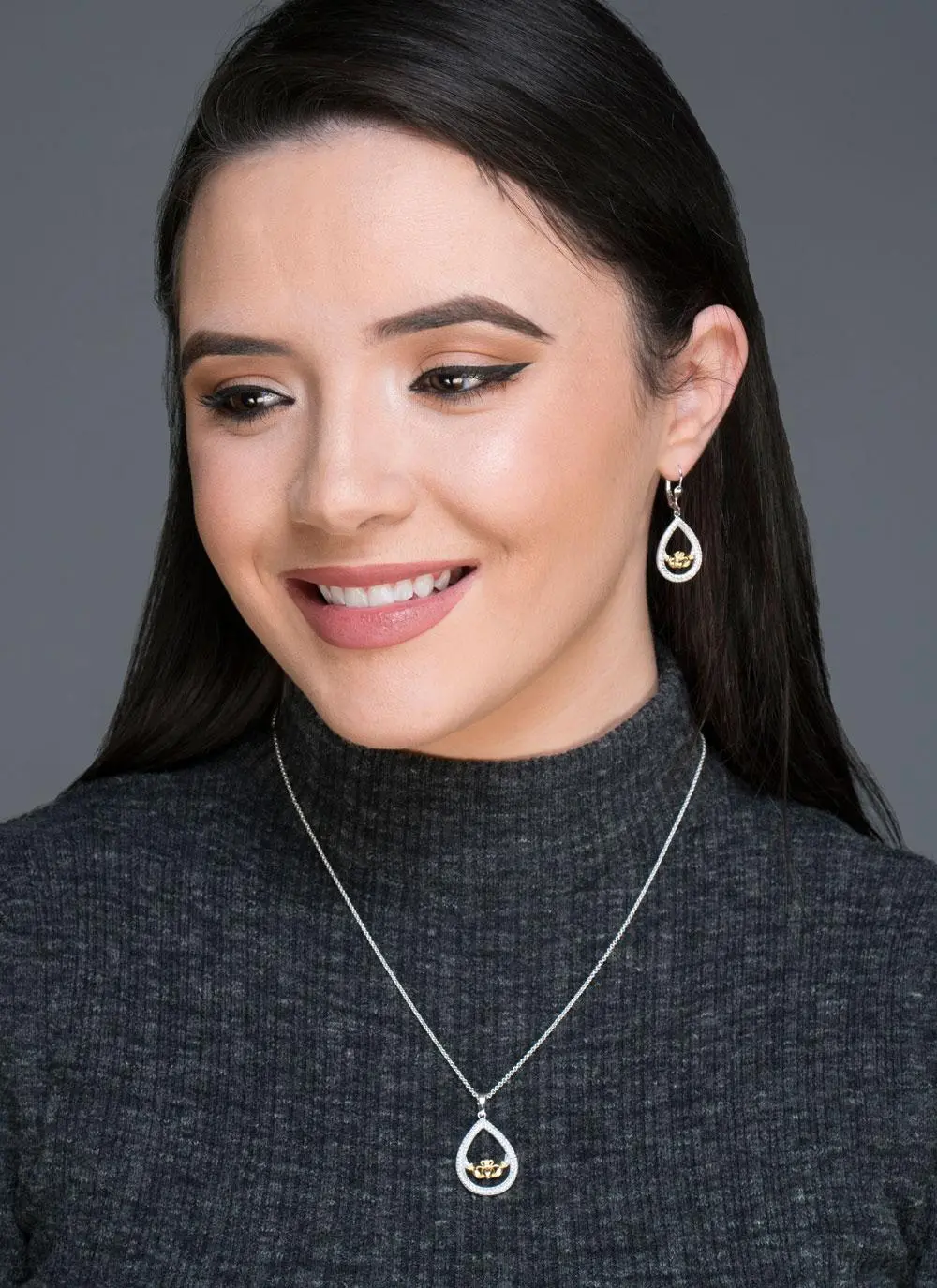 Sterling Silver & Cubic Zirconia Claddagh Oval Earrings